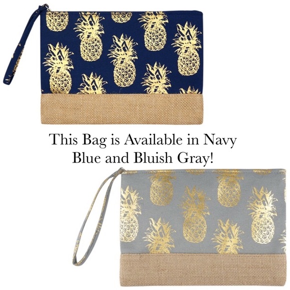 Navy Blue & Metallic Gold Pineapple Makeup Cosmetic Wristlet Clutch Bag - Picture 10 of 11